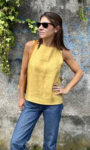 Blusa celeste lino senape