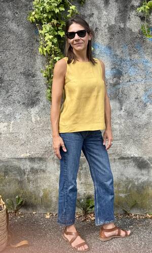 Blusa celeste lino senape