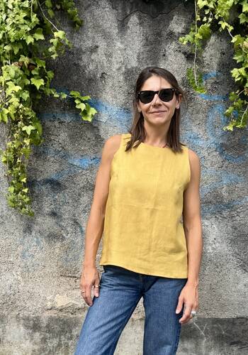 Blusa celeste lino senape